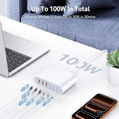 100W USB C Fast Charger Block Compact GaN 6 Port PD USB C and QC USB A Wall Charger Type C Charging Station Hub Adapter Plug Cube Brick for iPhone 17 16 15 14 Pro Max iPad Pro Air Samsung Pixel LG