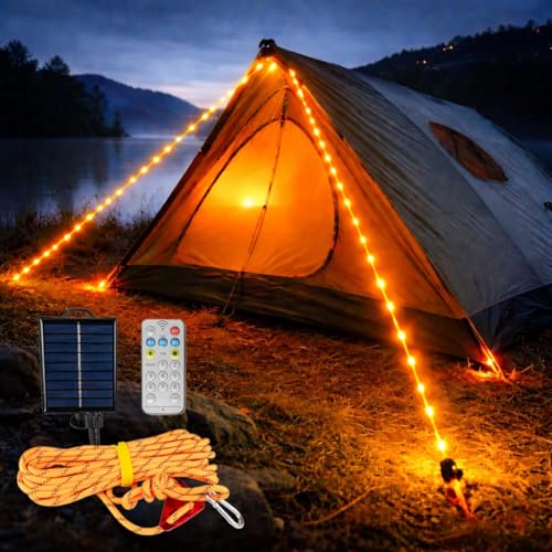 Solar Luminous Paracord Rope, 23ft Solar-Powered Orange Glow Rope with Remote, 8 Lighting Modes + Timer, 500 mAh Battery, IP66 Waterproof for Outdoor Camping - color: Paracord, Orange, size: Single