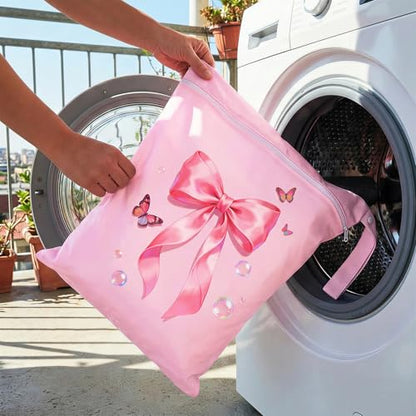 2 Pcs Large Travel Laundry Bags Waterproof Wet Dry Bag, Washable Dirty Clothes Bags for Travel，Drawstring, Bathing Suit, Workout, Gym Clothes Laundry, Swimming Pool & College Dorm, Pink Butterfly Bow - color: Pink Butterfly Bow