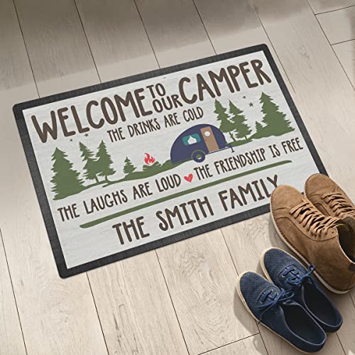 Personalized Welcome to Our Camper Doormat - Custom Family Name The Drinks are Could The Laughs are Loud The Friendship is 16 x 24 inches - color: Style 2