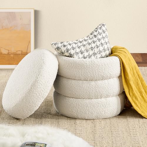 Busaurus Round Ottoman with Storage for Living Room Small Boucle Foot Stool Modern Upholstered Vanity Stool Ottoman Foot Rest for Dorm Corner Home Decor, Set of 1 (White) - color: Round-white