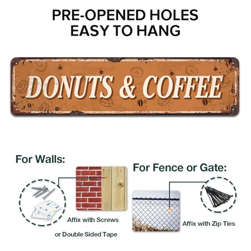 Donuts and Coffee Metal Sign - Retro Diner Sign for Kitchen or Dining Room, 4 x 16 Inch - color: V-112