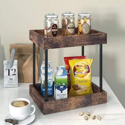 mahueeol 2 Tier Bathroom Organizer Countertop, Wooden Bathroom Trays for Counter Vanity Organizer Cosmetic Storage Vanity Organizer, Coffee Station Organizers, Kitchen Spice Rack - style: Retro