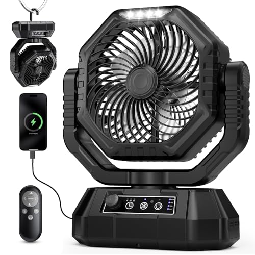AJVV Camping Fan with Light, Remote and Oscillation, Battery Powered Hanging Tent Fan, Rechargeable Portable for Camp, Outdoor, Emergencies, Fishing, RV Travel, Jobsite - color: Black