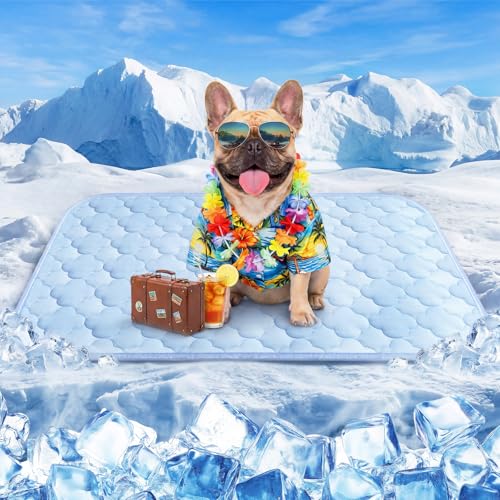 Pet Cooling Mats for Dogs, Cooling Pet Bed Outdoor & Indoor Use with Ice Silk Fabric & Waterproof Cover, Summer Cool Pad for Dogs Cats 29" x 18", Non-Slip Washable Pet Blanket for Crate Kennel Travel - color: Blue Cloud Stitching, size: Medium