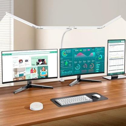 Pzloz Led Desk Lamp with Clamp: Architect Desk Lamp for Home Office, Eye Caring Double Head Computer Monitor Work Desk Light with Remote Control - 24W Flexible Dimmable Desktop Table Lamp White - color: White Plus