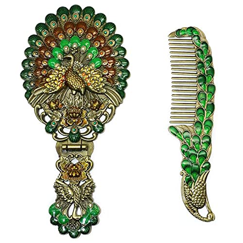 Rayberro Vintage Handheld Mirror with Comb Set, Metal Embossed Peacock Vintage Hand Mirror, Face Beauty Makeup Mirror, Foldable Personal Cosmetic Mirror, Portable Compact Travel Mirror (Green) - color: Green Peacock