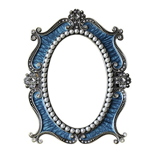 Nerien Decorative Tabletop Oval Mirror Vintage Metal Desktop Mirror with Stand Pearl Floral Frame Makeup Mirror Retro Cosmetic Mirror Countertop Dressing Mirror for Home, Bedroom Decor Blue-M - color: Blue, size: 9.5"L x 7.1"W