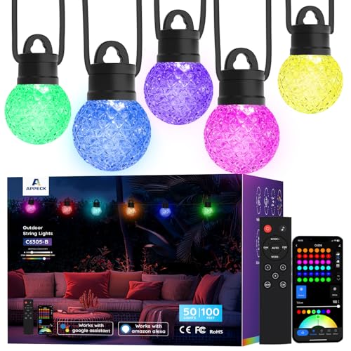 APPECK Outdoor String Lights 100ft, RGBW Color Changing Patio Lights with 50 Dimmable LED Bulbs, 111 Scene Modes, IP65 Waterproof Lighting for Outside, Party, Backyard, Pool, Compatible with Alexa - size: 100FT
