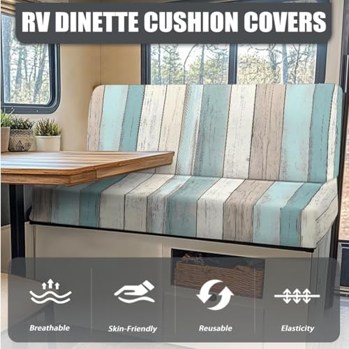 Blue White Wood Pattern 3 Pieces RV Dinette Cushion Covers Scratch-Resistant RV Couch Cover wuth Pillowcase, Sofa Furniture Protector Camper Seat Covers Dinette Booth - color: Blue White Wood