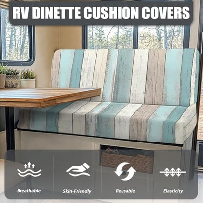 Blue White Wood Pattern 3 Pieces RV Dinette Cushion Covers Scratch-Resistant RV Couch Cover wuth Pillowcase, Sofa Furniture Protector Camper Seat Covers Dinette Booth - color: Blue White Wood