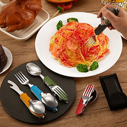Folding Camping Utensil Set – Stainless Steel Spoon, Fork, Knife & Bottle Opener – Portable Outdoor Tableware, Backpacking Cutlery in Red, Green, Blue, Black, Gold(5 Pcs)