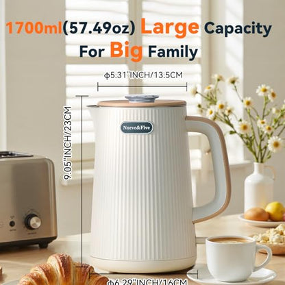 Nueve&Five 1.7L (57oz) Large Electric Kettle Perfect for 7+Cups of Tea and Coffee,2 quarts Double Wall Big Electric Tea Kettle,Auto Shut Off,1200W Hot Water Kettle Electric -Cream White - color: White
