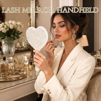 Wowagoga Sparkling Rhinestone Heart Shaped Handheld Mirror Heart Mirror Cosmetic Hand Mirror with Handle Cute Hand Mirror for Women Girls(White)