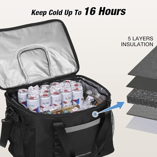 WARMOUNTS Insulated Cooler Bag 48/75 Cans, Soft Sided Portable Lunch Bag Coolers w/Zippered Top, Leak Proof PVC Interlayer, 5-Layer Insulation Large Ice Chest Bag for Travel, Camping, Beach, Picnic - color: Black