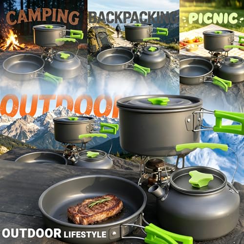 Vinid 20pcs Camping Cookware Mess Kit, Non-Stick Lightweight Pots Set with Stainless Steel Cups Plates Forks Knives Spoons, Portable Outdoor Cookware for Camping Backpacking Hiking and Picnic