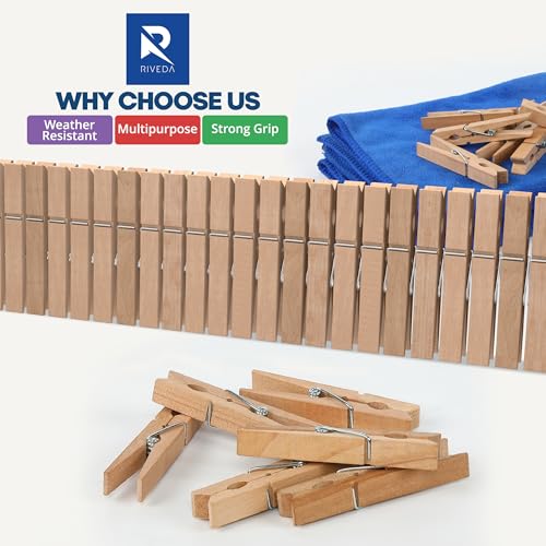 RIVEDA 50pcs Wooden Clothes Pins with Storage Bag, 2.9 Inch Natural Wood Clothespins, Strong Grip Laundry Clips for Clothesline, Hanging Clothes, Crafts & Home Use - color: Wood
