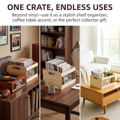 Covzoe Vinyl Record Storage Crate, Wooden Album Holder with Handle, Holds up to 70+ Albums, Natural Cube CD Albums Shelf Organize Box, File Organizer Rack for Desktop, Home, Office