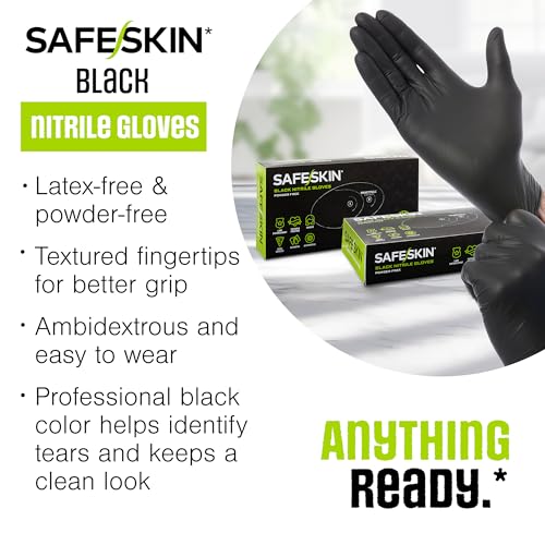 SAFESKIN Black Nitrile Disposable Gloves Powder Free Latex Free Tattoo, Food Prep, 3.5 mil - size: Large