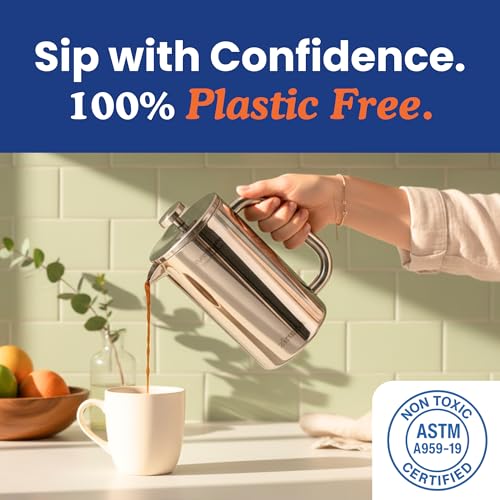 Ziruma Non-Toxic Stainless Steel French Press, Plastic-Free, 34 oz | Surgical-grade steel, heavy metal-free. 4-layer filter, grit-free. Double-wall insulated coffee maker, stays hot. Portable.