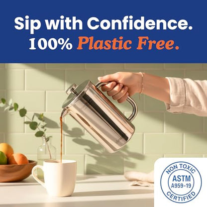 Ziruma Non-Toxic Stainless Steel French Press, Plastic-Free, 34 oz | Surgical-grade steel, heavy metal-free. 4-layer filter, grit-free. Double-wall insulated coffee maker, stays hot. Portable.