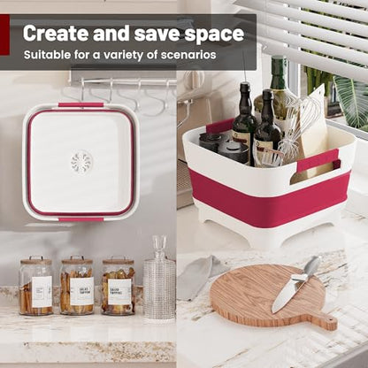 2.4 Gal Collapsbile Wash Basin with Drian Plug,9L Dish Pan for Soaking Baby Bottles,Portable Sink, Multiuse Foldable Bucket,Ice Beverage Tubs for Camping, Vegetable Washing, RV (Viva Magenta) - color: Viva Magenta
