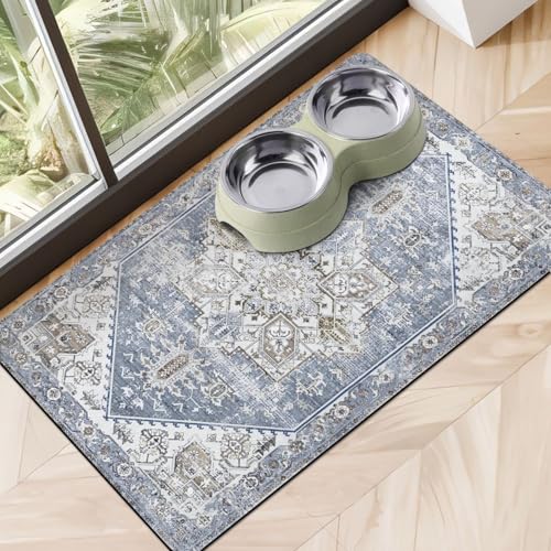 Dog Food Mats for Floors Absorbent, Pet Cat Food Mat - Non Slip Dog Bowl Mats for Food and Water, Eco-Friendly Boho Dog Placemats Feeding Mat Pet Supplies - color: Blue, size: S(12"×20")
