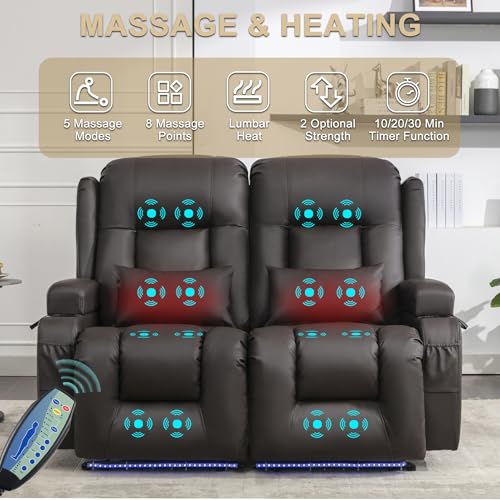 URRED Power Loveseat Recliner Sofa with Massage and Heat, Wall Hugger Reclining Loveseat, RV Couch Home Theater Seating with LED Lights for Living Room (Dark Brown, 54" - 2 Seats) - color: Dark Brown, size: 54" - 2 Seats