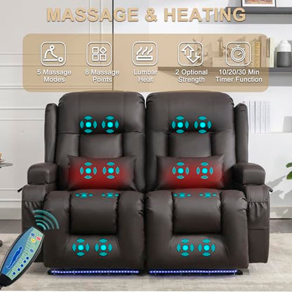 URRED Power Loveseat Recliner Sofa with Massage and Heat, Wall Hugger Reclining Loveseat, RV Couch Home Theater Seating with LED Lights for Living Room (Dark Brown, 54" - 2 Seats) - color: Dark Brown, size: 54" - 2 Seats