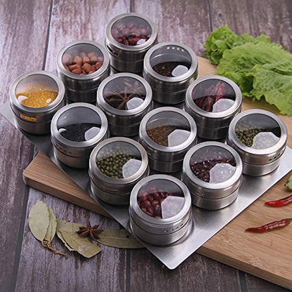 12 Magnetic Spice Jar Containers Spice Tins - Wall Mounted Stainless Steel Base - Easy to Install - color: 12 MAGNETIC SPICE TINS WITH WALL PLATES