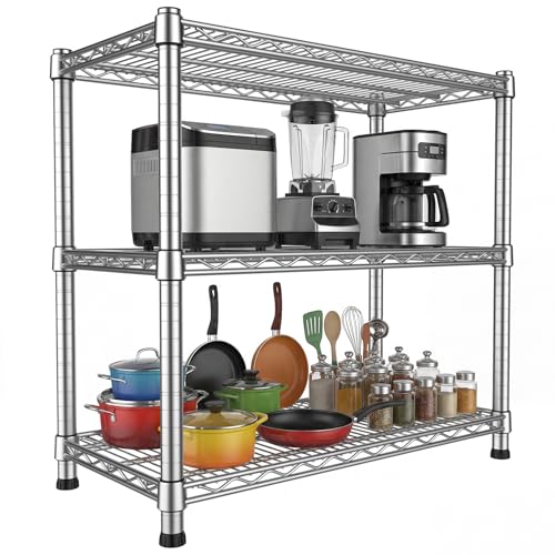 3-Shelf Metal Wire Shelving Unit Adjustable Metal Shelf Heavy-Duty Steel Storage Rack Display shelves Organizer for Office Kitchen Bathroom Laundry Pantry Basement Garage 13.97"D x 29.8"W x29.1"H - size: 3-Tier-Silver[13.97"D x 29.8"W x29.1"H]