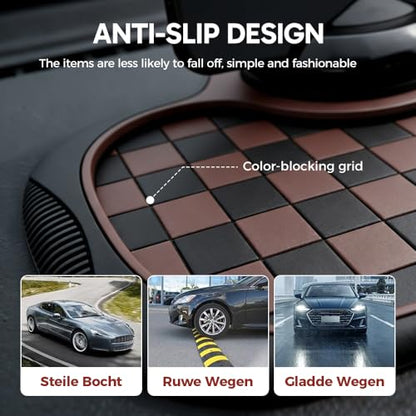 Multifunction Car Anti Slip Mat, 360° Rotatable Phone Holder Dashboard Pad with Temporary Parking Number, Anti Skid Organizer for Phone Sunglasses Keys (Brown-Gray Checkered Pattern) - color: Brown-Gray Checkered Pattern