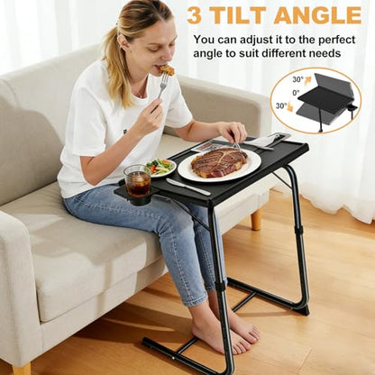 Adjustable TV Tray Table - 6 Height & 3 Tilt Angle Adjustments | Multifunctional Foldable Tray Table with Removeable Cup Holder for Eating or Working on Couch, Bed & Office