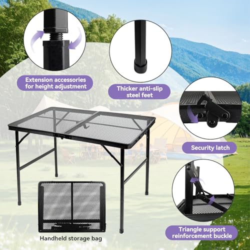 BRIAN & DANY 3x2 FT Folding Grill Table Camping Table, Metal Portable Picnic Table, Lightweight Height Adjustable Foldable Table for Outdoor, Black - size: 3x2FT