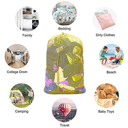 Mesh Laundry Bags, 24" x 36", Heavy Duty with Reinforced Handles, Foldable & Portable, Drawstring Closure, 3-Pack, Mixed Colors - color: White,Yellow,Green