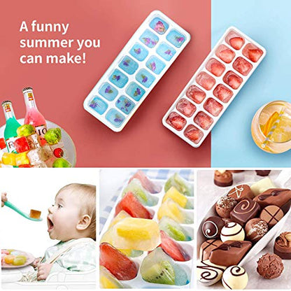 Ice Cube Trays 4 Pack, Airabc Silicone with Removable Lid, Easy-Release Flexible 14-cube Trays, LFGB Certified and BPA Free, Stackable Covers for Cocktail, Freezer - color: Blue+green