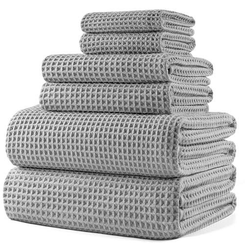 POLYTE 430 GSM Microfiber Quick Dry Lint Free Oversize Bath Towel Set, 6 Piece (Waffle Weave) - color: Light Gray