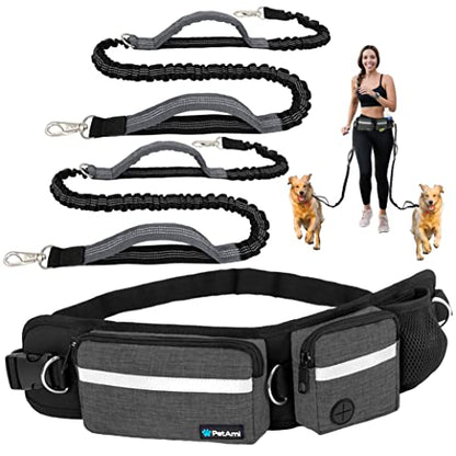 PetAmi Hands Free Dog Leash, Dog Running Leash Belt Bag for Walking, Jogging, Dog Waist Double Zipper Pouch with Poop Bag Dispenser, Dual Padded Handles Reflective Bungee Leash, Double (Charcoal Grey) - color: Charcoal Grey, size: 2 Leashes