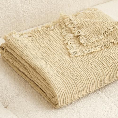 MorroMorn 100% Cotton Muslin Blanket with Fringes Twin Size 60"x80", 4-Layer Gauze Blankets for Adults, Boho Bedding Breathable Lightweight Ultra-Soft Farmhouse Decor for Couch Bed All Seasons, Khaki - color: Khaki, size: Twin 60"x80"