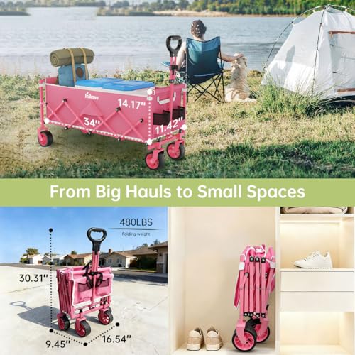Extra Long Collapsible Wagon Cart, 480LBS Heavy Duty Utility Wagons with All-Terrain Wheels, Foldable Grocery Carts for Gardening, Shopping, Beach, Camping, Rose Pink - color: Rose Pink