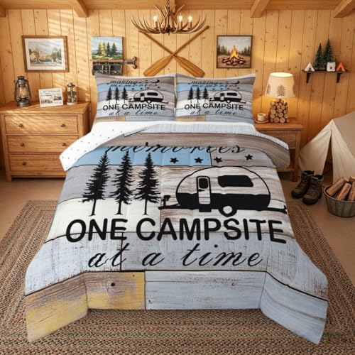 Rustic Farmhouse Comforter Set Full Size, Camper Decor Bedding Set For Kids Boys Teens Adult Women Bedroom Decor, Happy Camping Quilt Vintage Barn Door Duvet Insert 3 Pieces With 2 Pillow Cases - color: Multi 23, size: Full