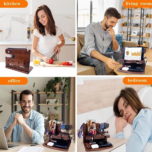 VEIYAILU Gifts for Men Women Dad Husband Boyfriend Wood Phone Docking Station Nightstand Organizer for Men Birthday Gifts (Dark Brown) - color: dark brown