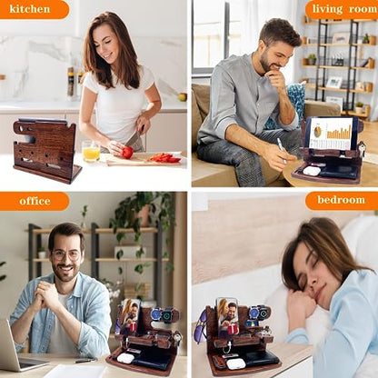 VEIYAILU Gifts for Men Women Dad Husband Boyfriend Wood Phone Docking Station Nightstand Organizer for Men Birthday Gifts (Dark Brown) - color: dark brown