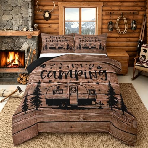 Camping Comforter Set Rv King, Rustic Camper Bedding Set Camping Gift For Women Decor, Brown Vintage Barn Door Duvet Insert Cabin Decor Country Farmhouse Wooden Planks Down Comforter, 2 Pillow Cases - color: Multi 11, size: King