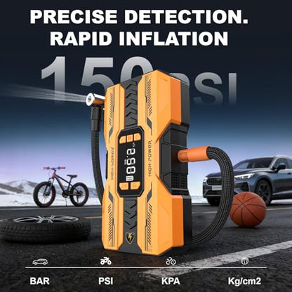 Nuynix Jump Starter with Air Compressor, 3000A Portable Car Battery Booster (Up to 9.0L Gas/7.0L Diesel) with 150PSI Auto-Shutoff Tire Inflator, 12V Lithium Jump Box, LED Display & Jumper Cables
