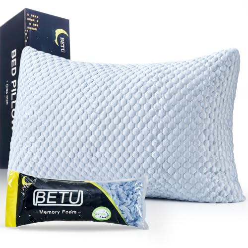 BETU Cooling Pillow Queen Size, Breathable Shredded Memory Foam Cool Pillow for Hot Sleepers, Adjustable Soft Support Bed Pillows for Side, Back, Stomach Sleepers, 3D Honeycomb Breathable Cover - color: Sky Blue, size: Queen (1 Count)