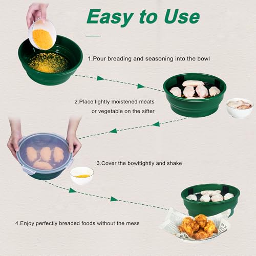 FJNATINH Collapsible Batter Bowl - Mess Free Better Breader Shaker Bowl with Lid Breading Shaker Container - Great for Fried Fish, Fried Chicken, Onion Rings, Wings & More,No Leak,Easy to Store - color: Olive Green