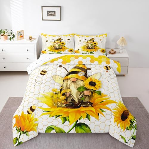 Feelyou Boys Girls Honey Bee Duvet Insert Full Size, Honeycomb Comforter Set Sunflower Bedding Set Kids Teens Bedroom Decor 3Pcs - color: Yellow, size: Full