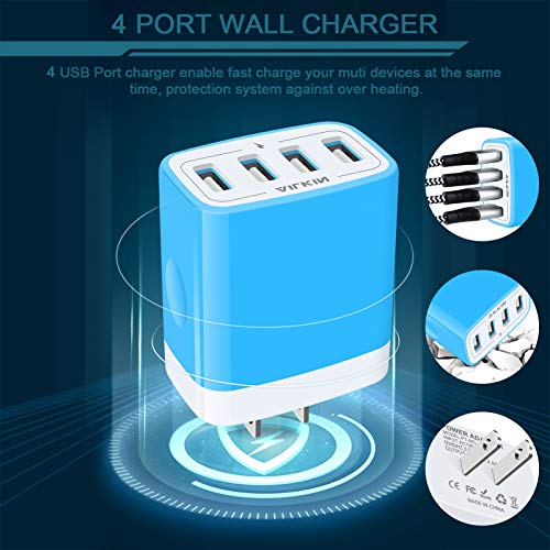 Wall Charger, USB Charger Adapter, 4.8A 4Multi Port Fast Charging Station | Power Base Block Plug Cube Brick for iPhone, iPad, Samsung Galaxy, Moto, Google Pixel, Kindle Fire Plug Cargador Carro - color: Blue