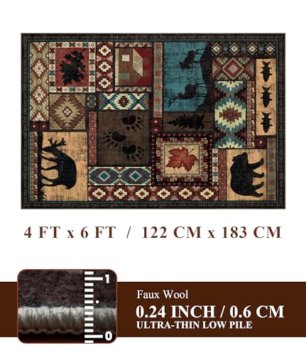 YIHOUSE Rustic Cabin Area Rug 4x6,Machine Washable Lodge Bear Rug,Non-Slip Low Pile Print Pattern Western Rug for Living Room Bedroom - color: Brown, size: 4'x6' (Rectangular)